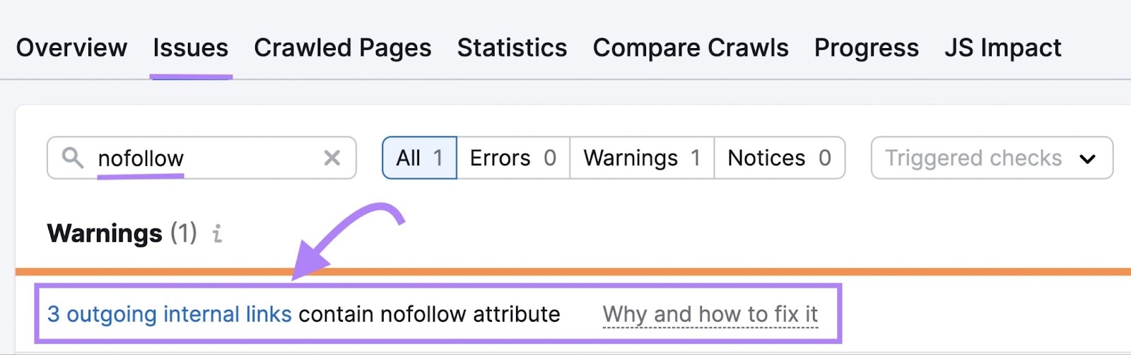 Semrush Site Audit issues tab with nofollow contented   highlighted