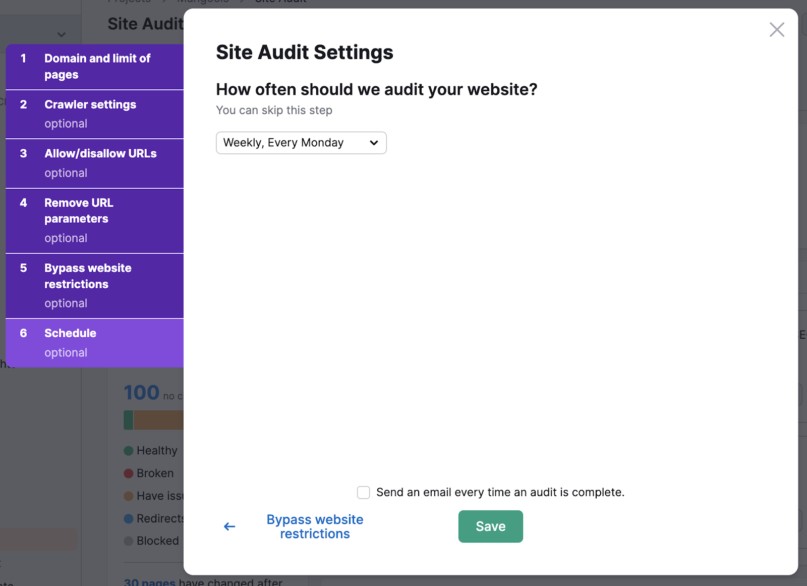 Schedule weekly audits under "Site Audit Settings" window