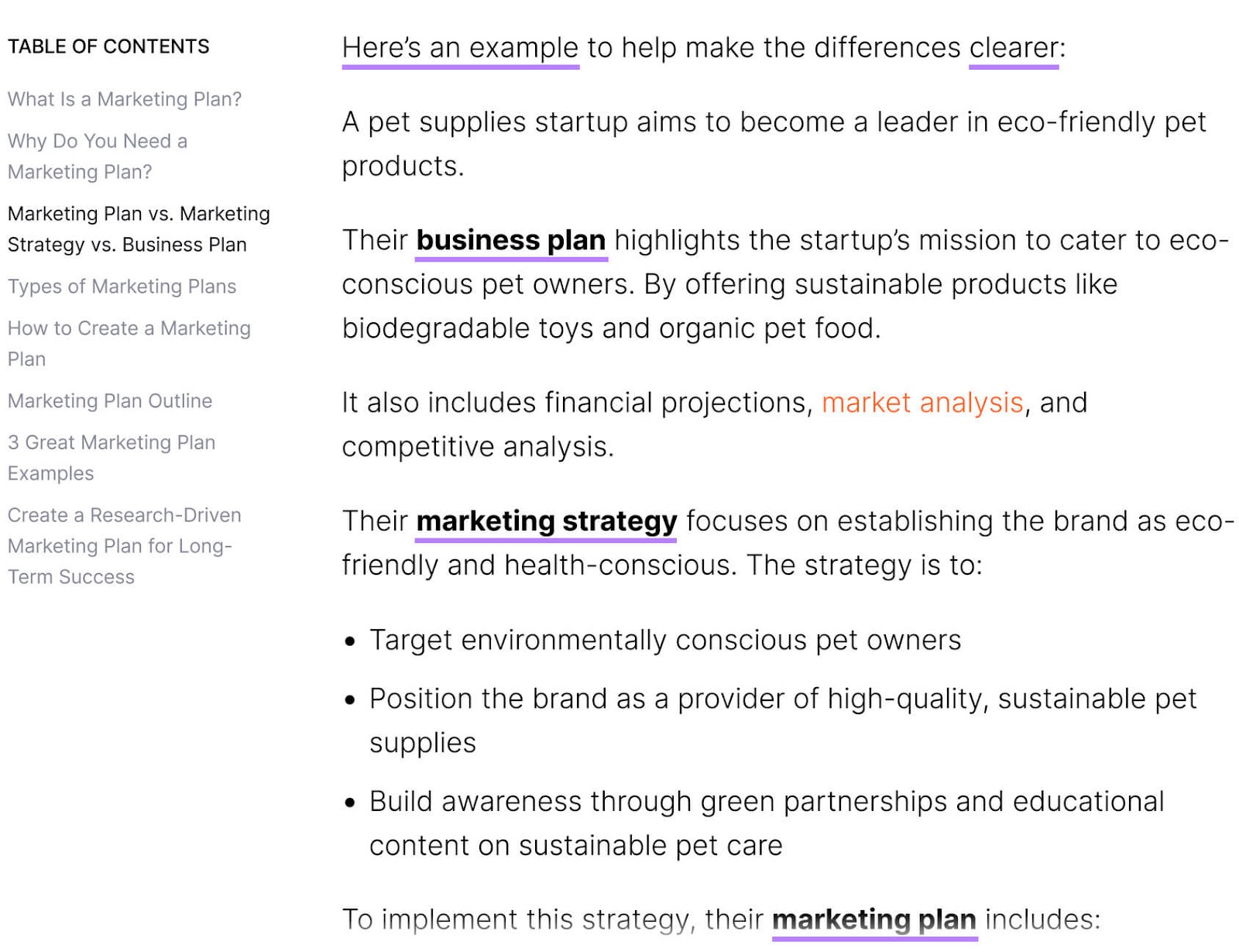 Blog section discussing an example of a pet supplies startup's business plan vs marketing strategy vs marketing plan.