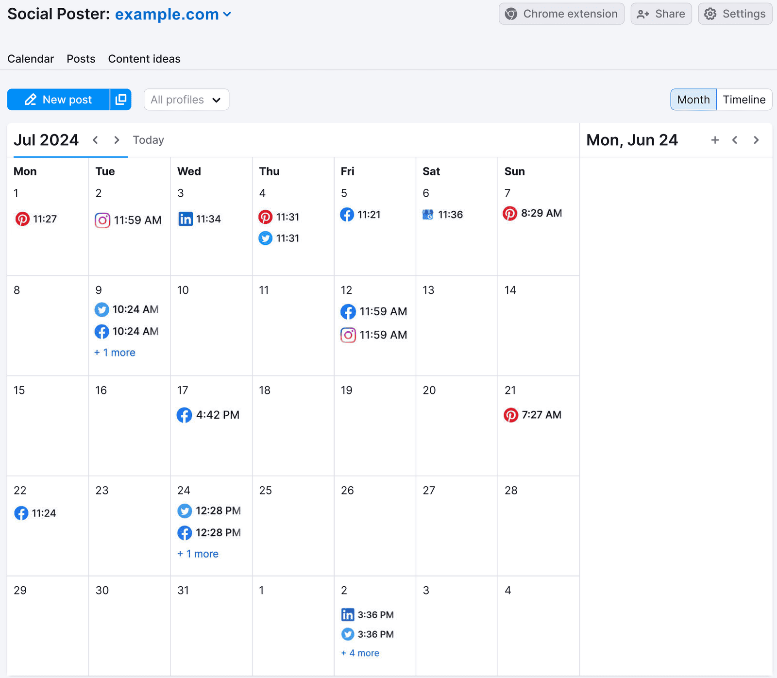 Monthly calendar presumption    of scheduled societal  media posts successful  Semrush's Social Poster tool