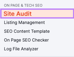 "Auditoria do site" selecionada no menu à esquerda