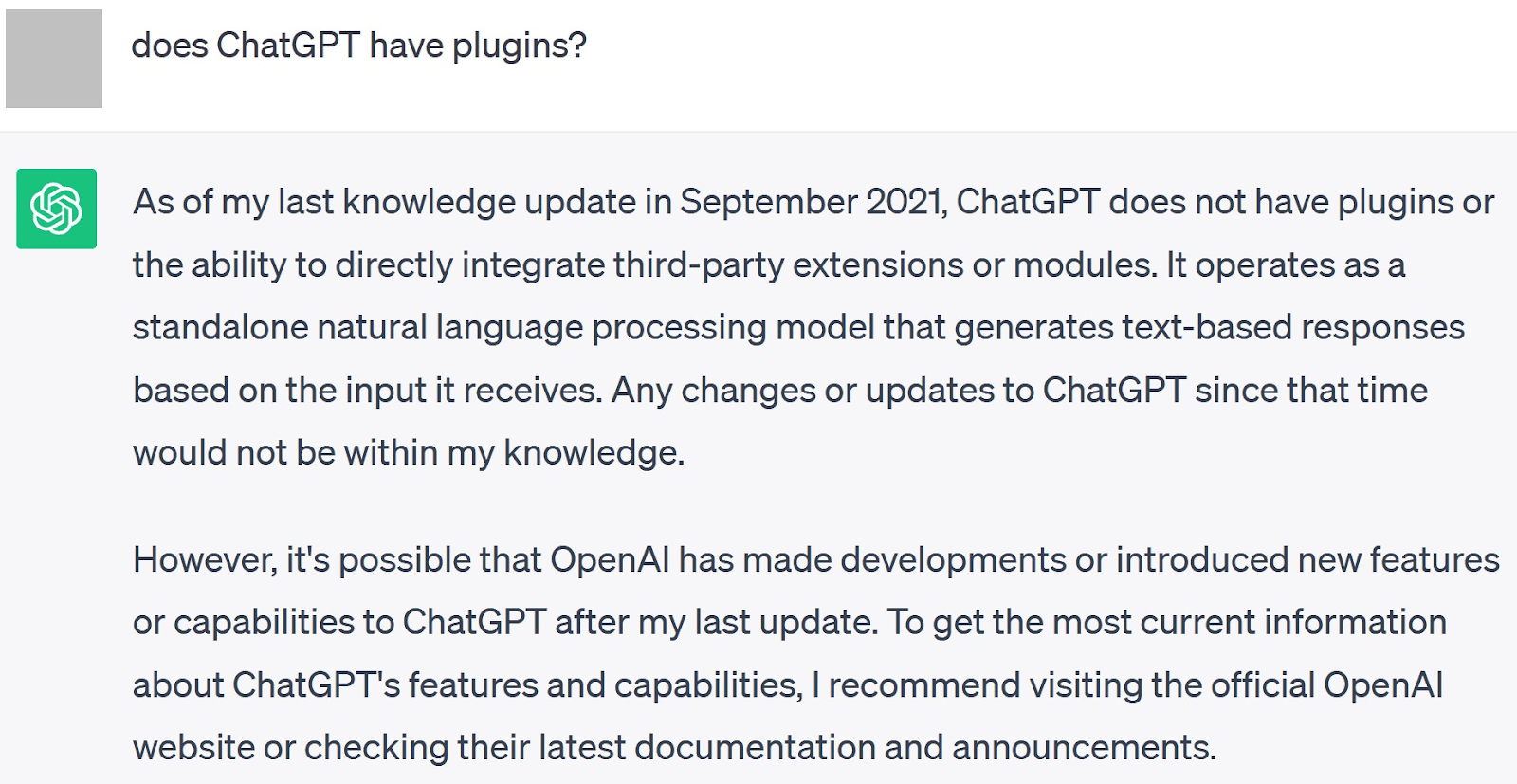 ChatGPT response to "¿Tiene ChatGPT plugins?"