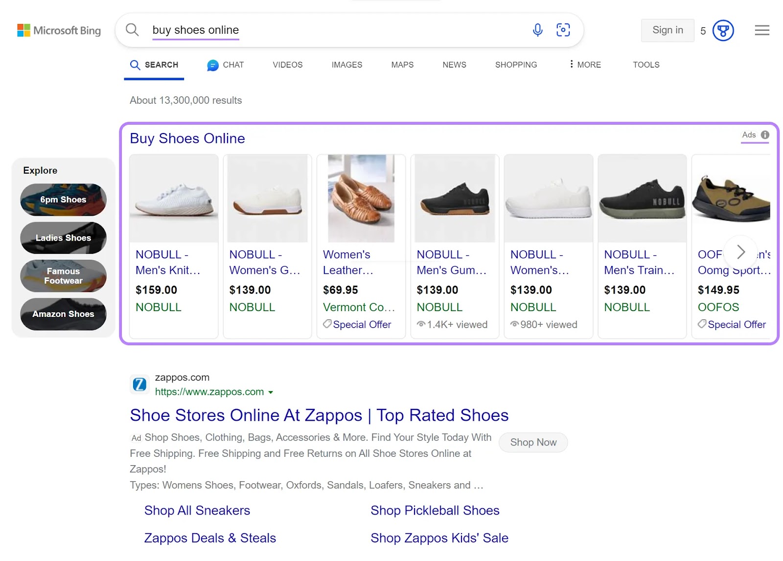 Product listing ads connected  Bing for "buy shoes online" query
