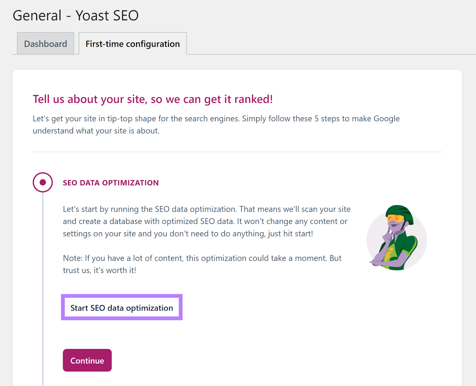 Yoast configuration page, with the 'Start SEO data optimization' button highlighted