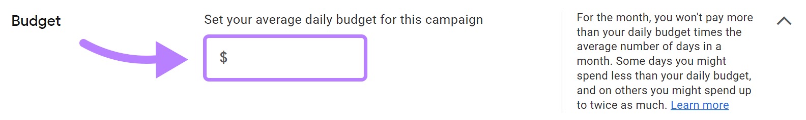 "Budget" field of Google Ads campaign settings