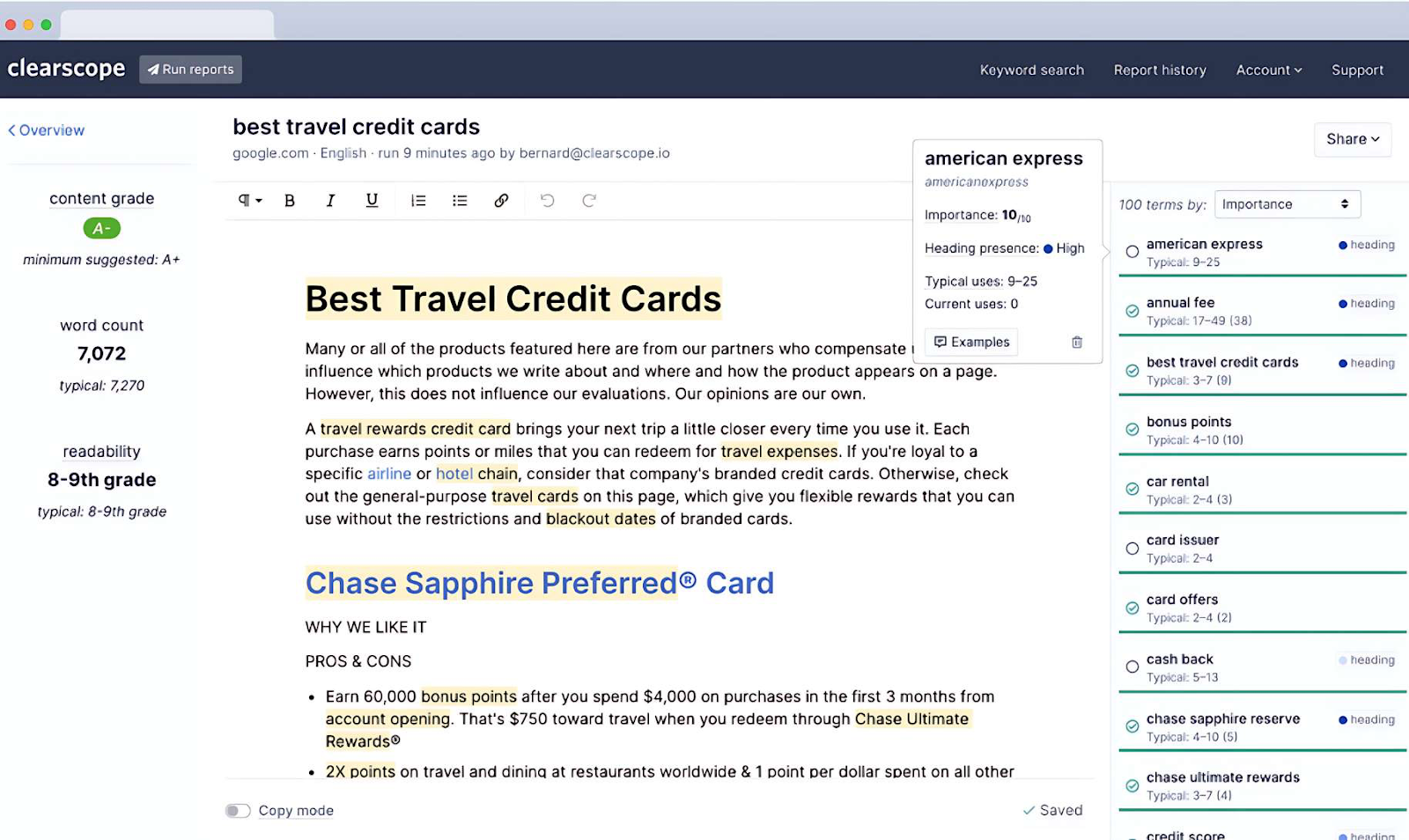 draft on best travel credit cards shown in Clearscope editor, with secondary keywords highlighted in yellow