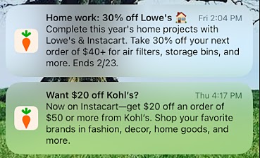 Instacart's notifications alerting users of limited-time promotional discounts
