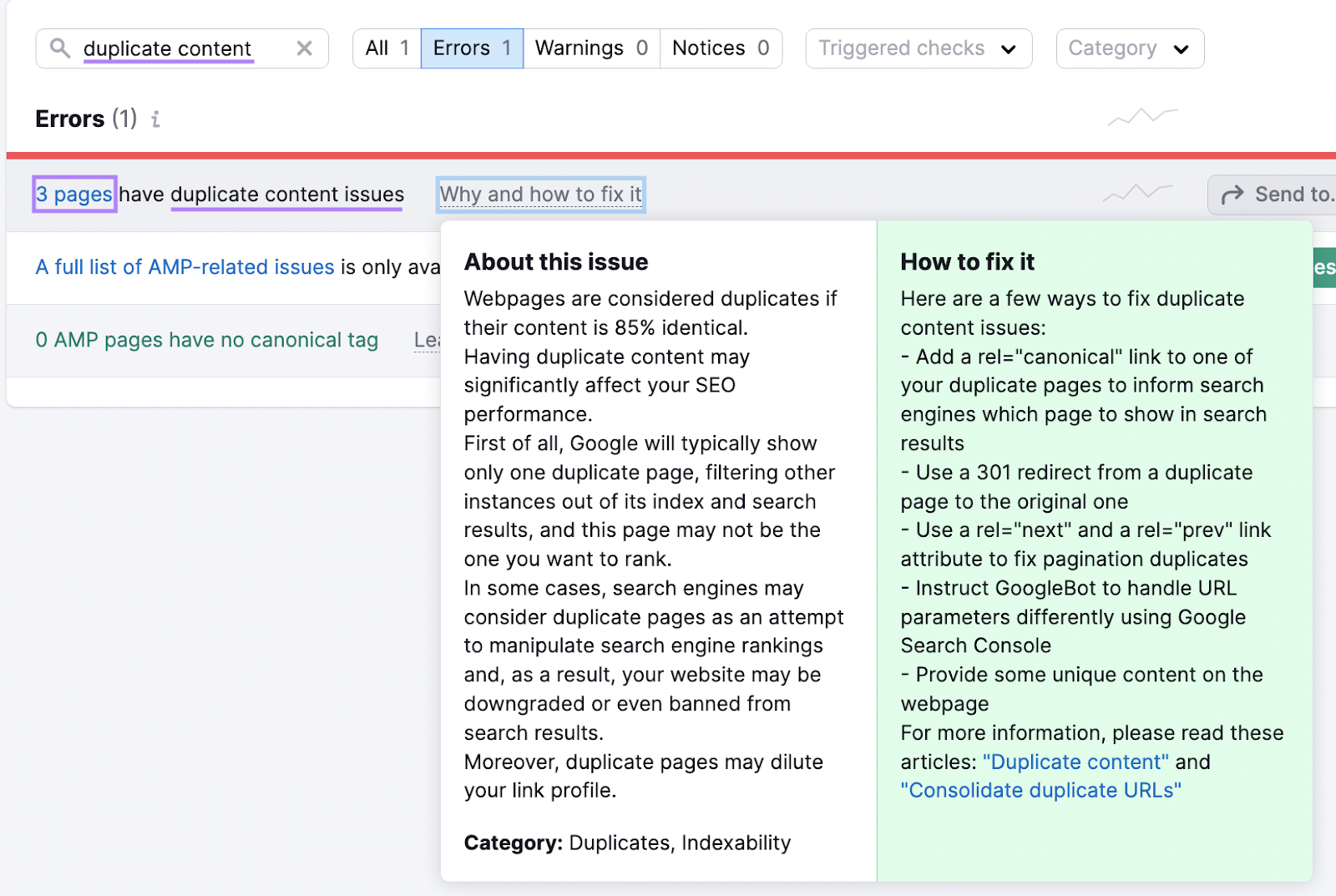 Site Audit tool offers advice on how to fix duplicate content issues