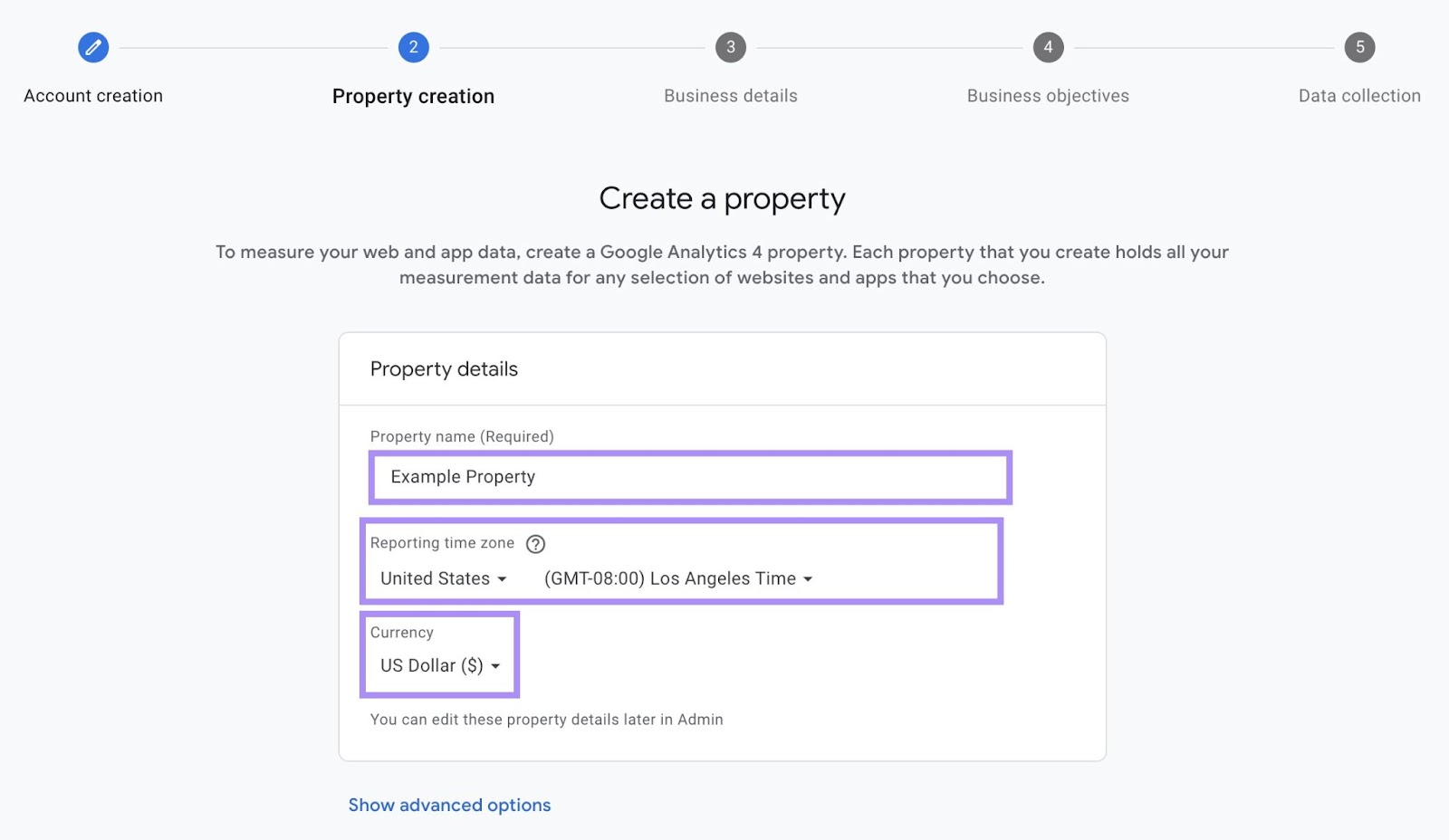 Property creation page on Google Analytics where you need to enter a name, select a reporting time zone and currency.