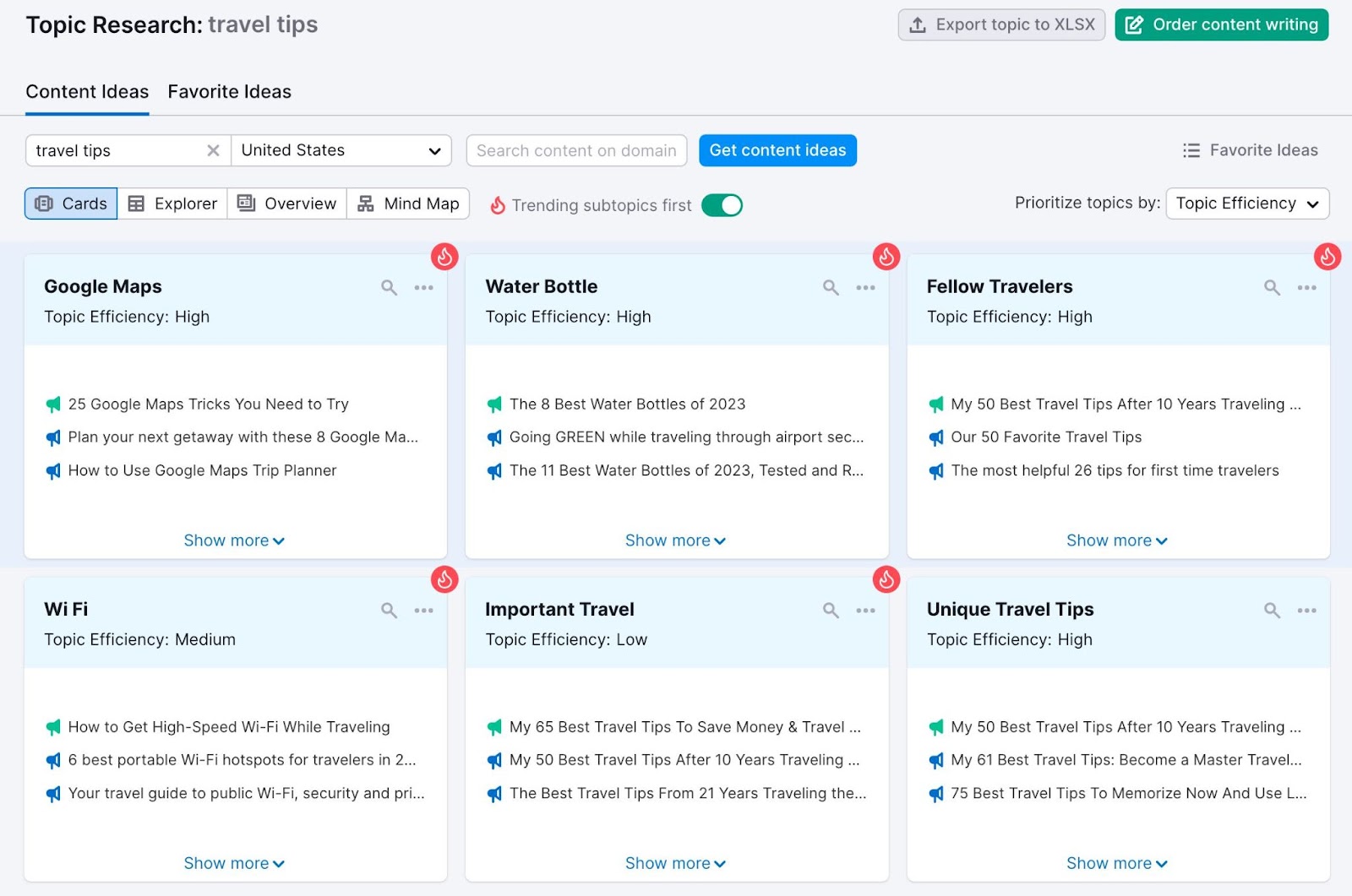 Content ideas related to "travel tips" shown successful  Topic Research tool