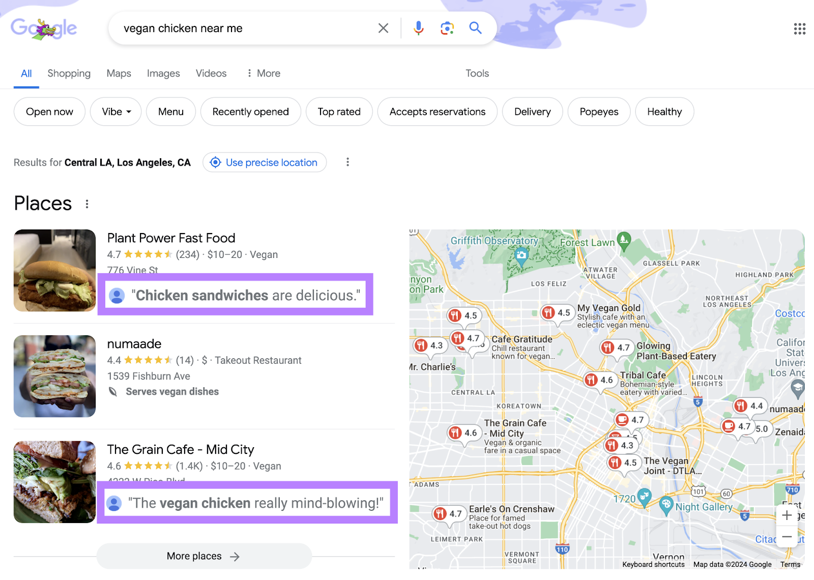 local pack results show reviews with search term present. for example, a search for vegan chicken near me, shows businesses with reviews containing that phrase