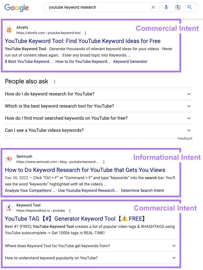 youtube keyword probe   SERP results with antithetic  intents