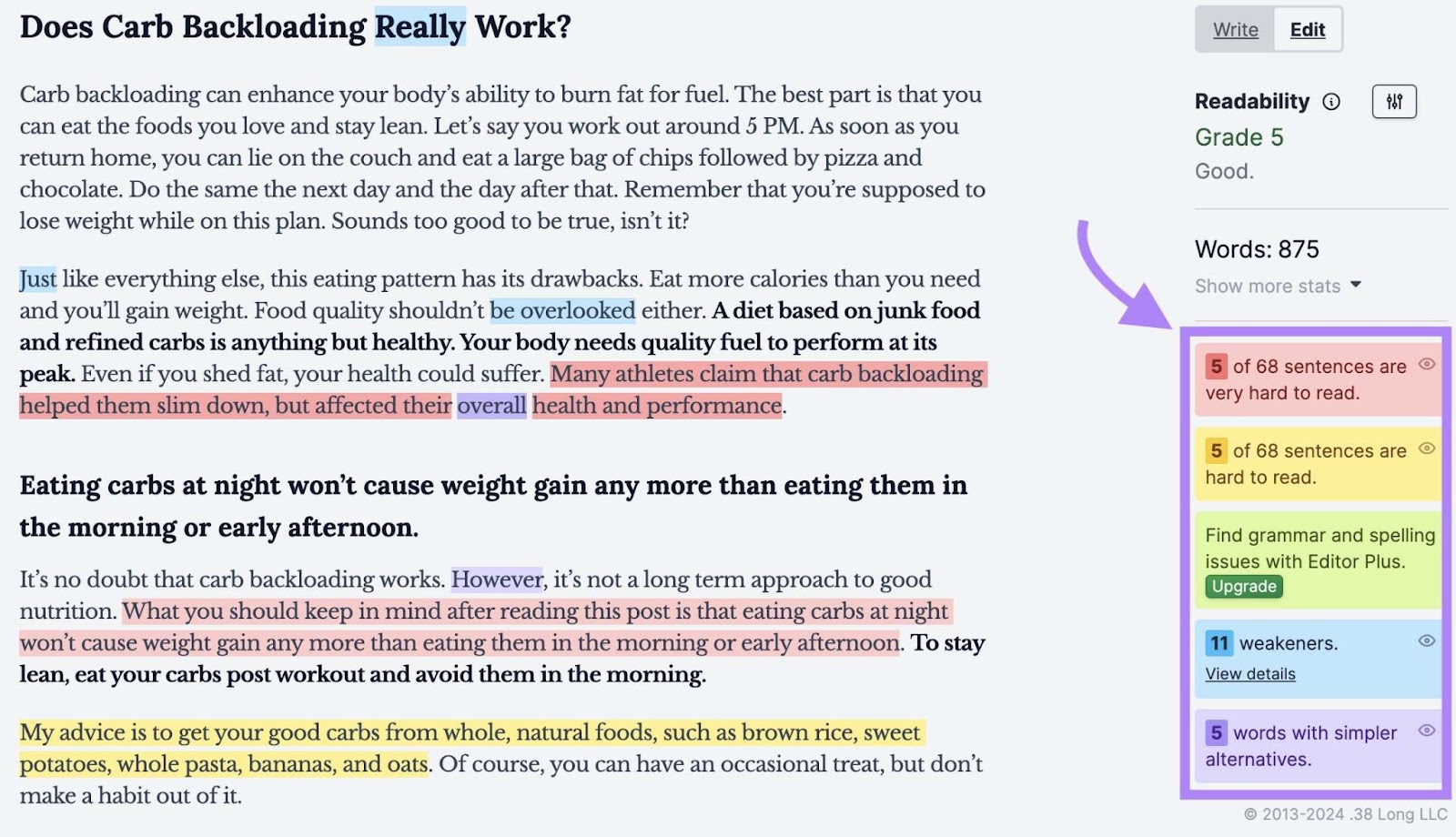 The color-coded feedback system on the right side of the Hemingway App highlighted.