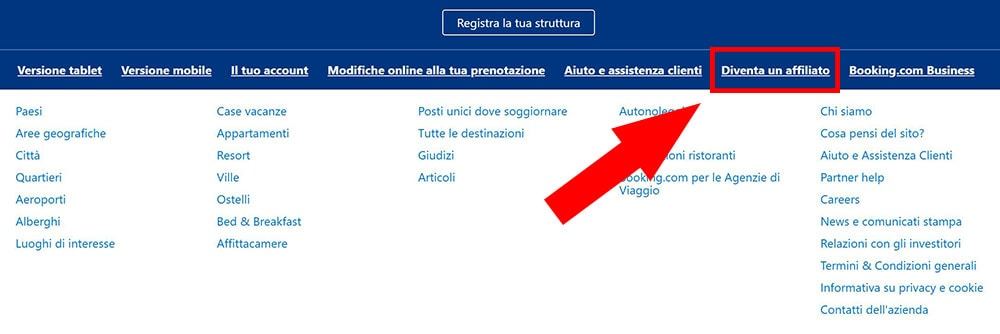 Dove trovare il link per diventare affiliato di un sito (qui Booking.com)