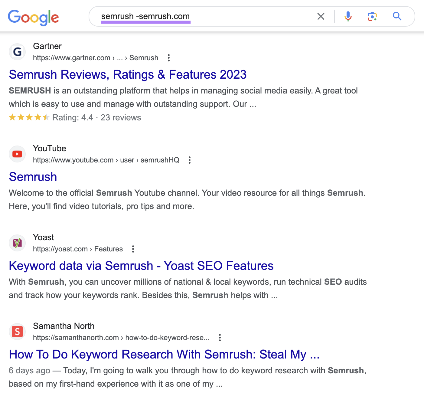 Google's SERP for “semrush -semrush.com” search