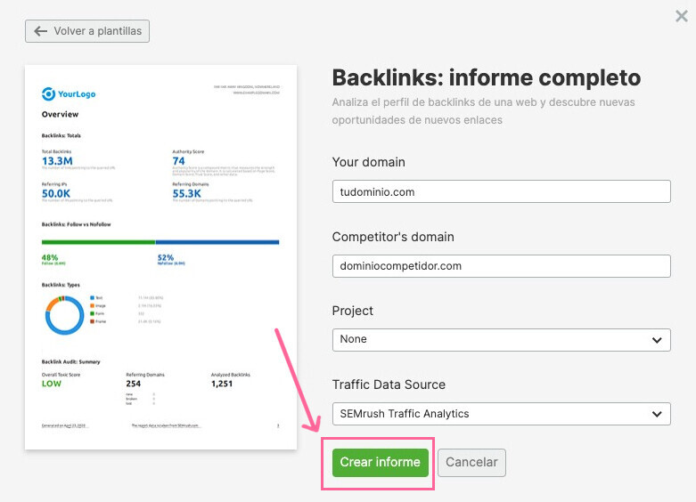 Crea un informe de backlinks.