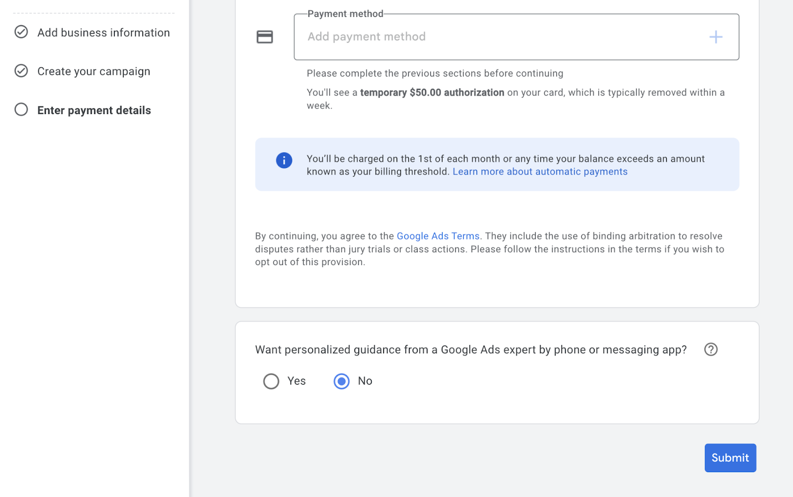 no option chosen to receive personalized guidance from google