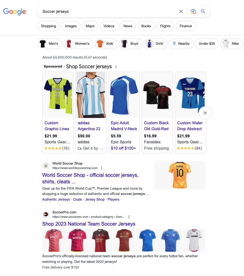 Google SERP for “soccer jerseys” search