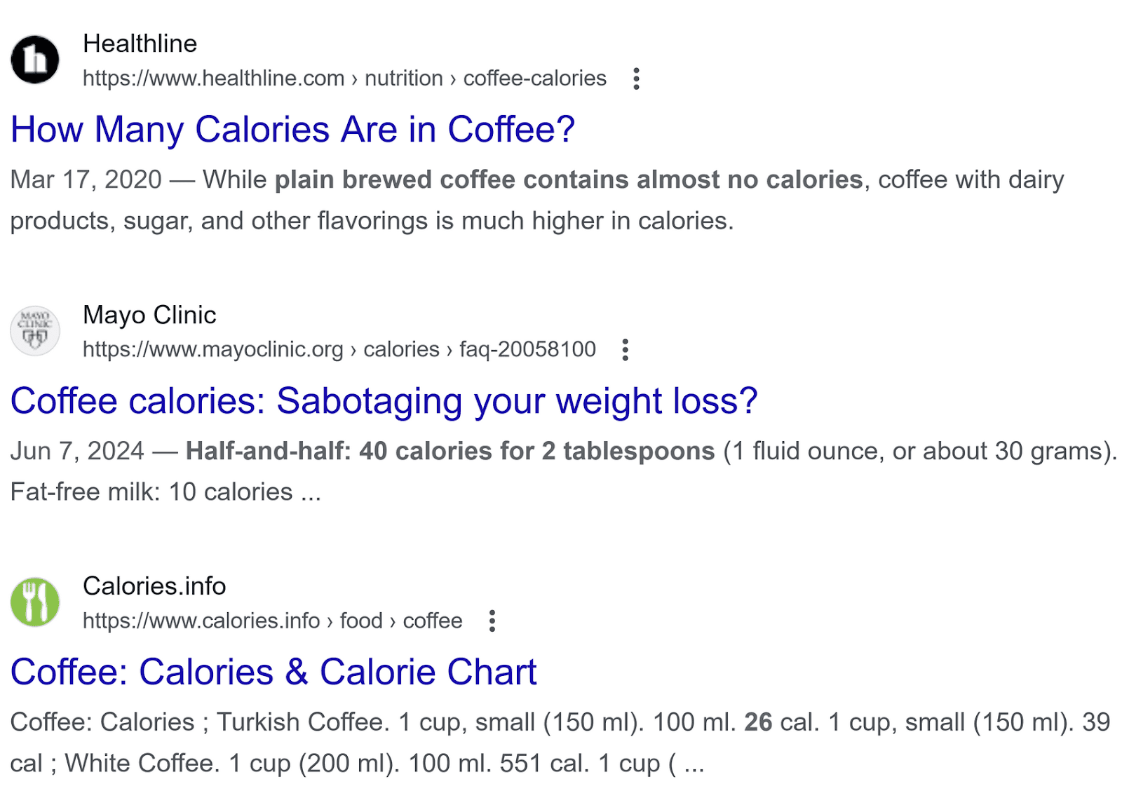 Google search results on coffee calories from Healthline, Mayo Clinic, and Calories.info