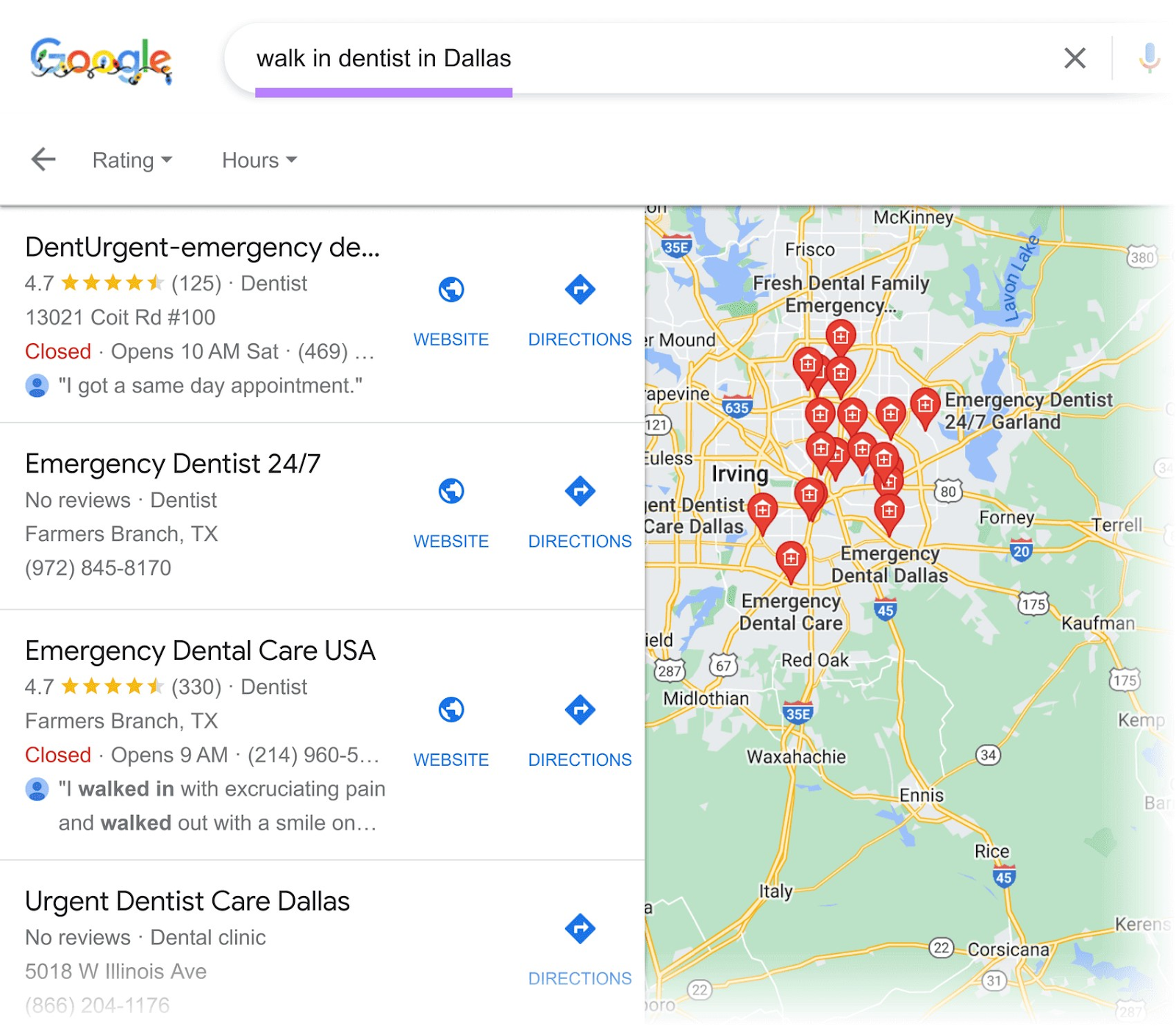 Google Local Finder results for "walk in dentist in Dallas" query