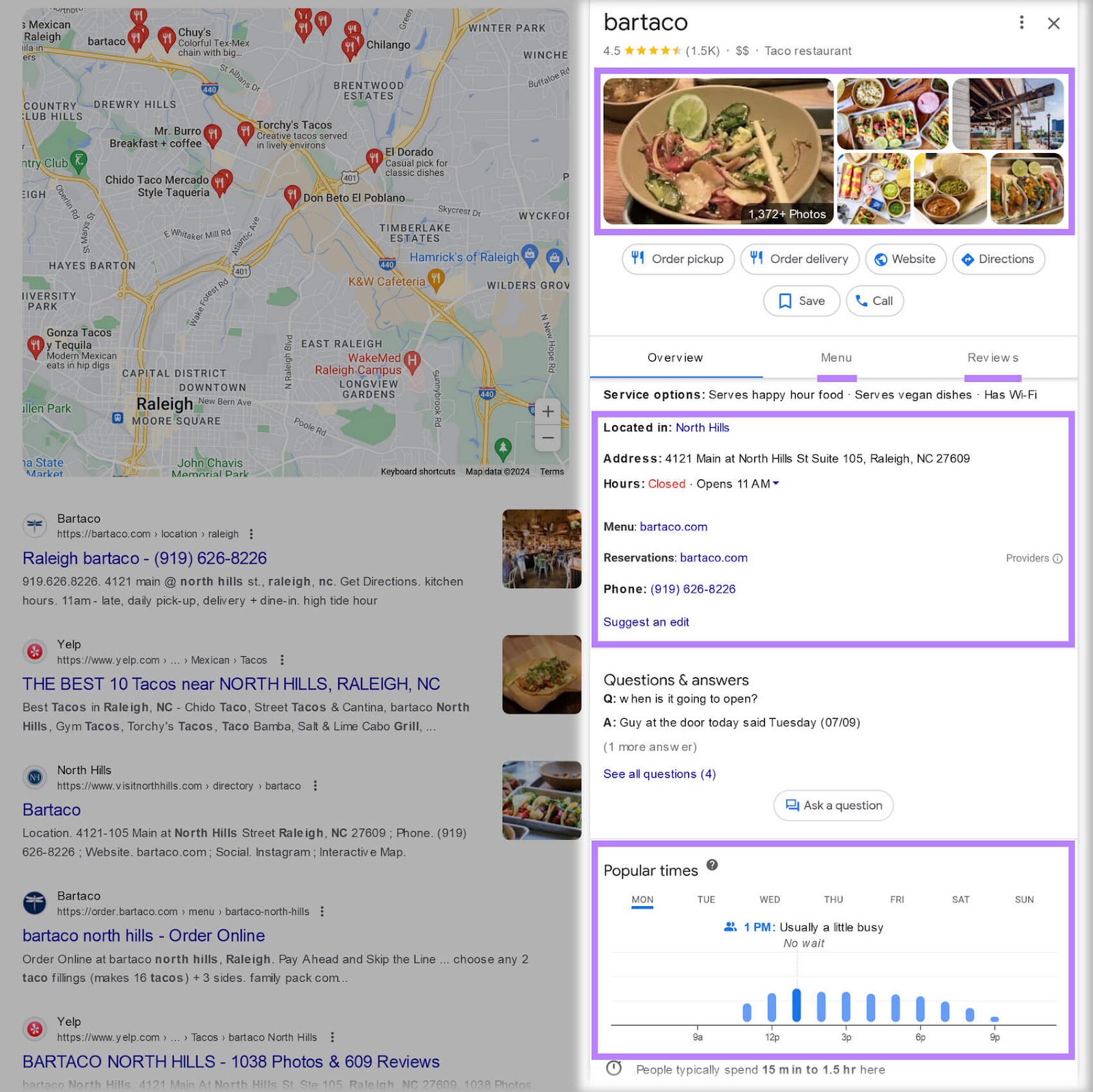 bartaco's business listing result on Google's SERP