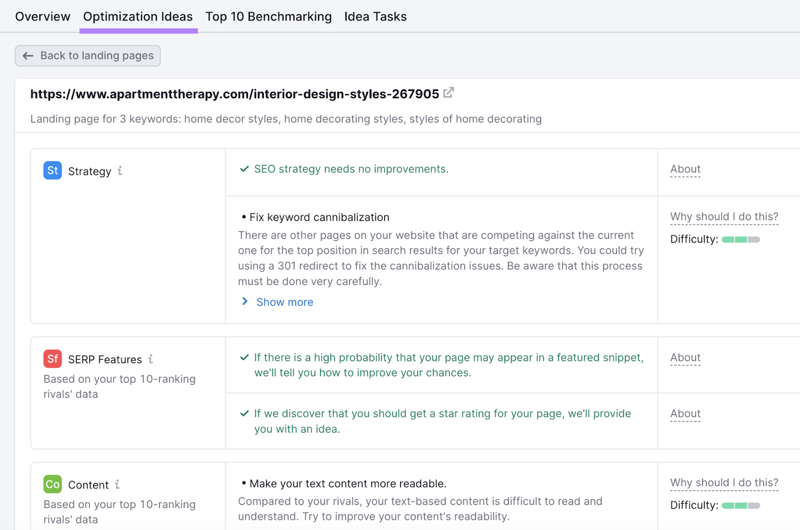 "Optimization Ideas” tab successful  On Page SEO Checker tool