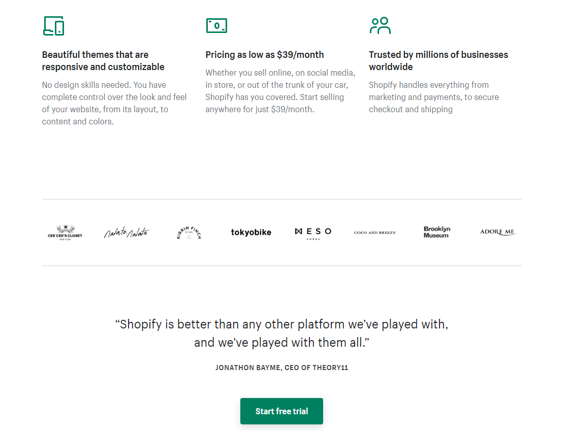 A section of Shopify's page listing and explaining benefits, and including social proof