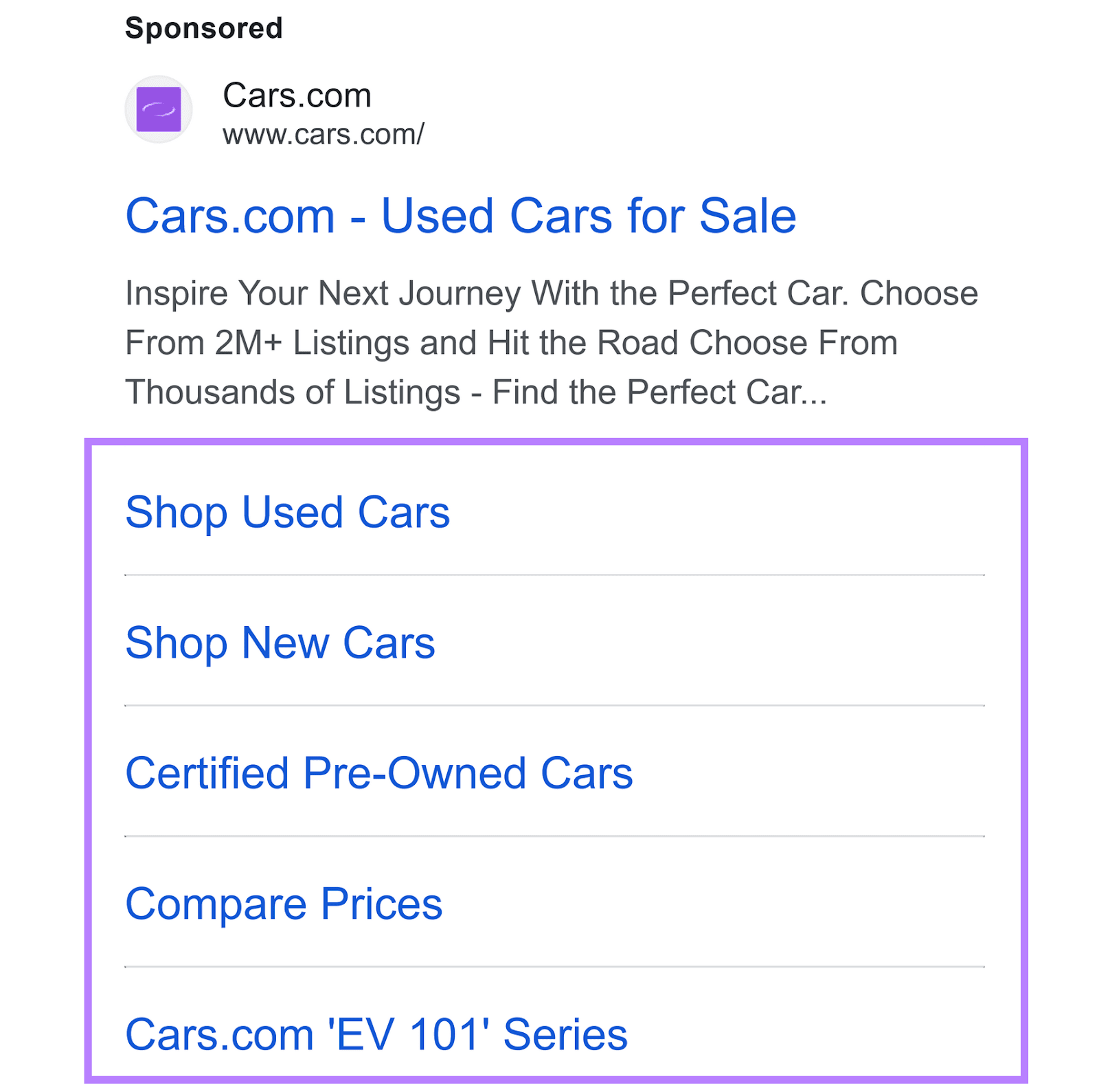 Cars.com' advertisement  connected  Google SERP with aggregate  sitelink assets