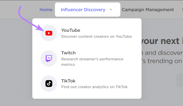 “YouTube" selected under "Influence Discovery” drop-down menu