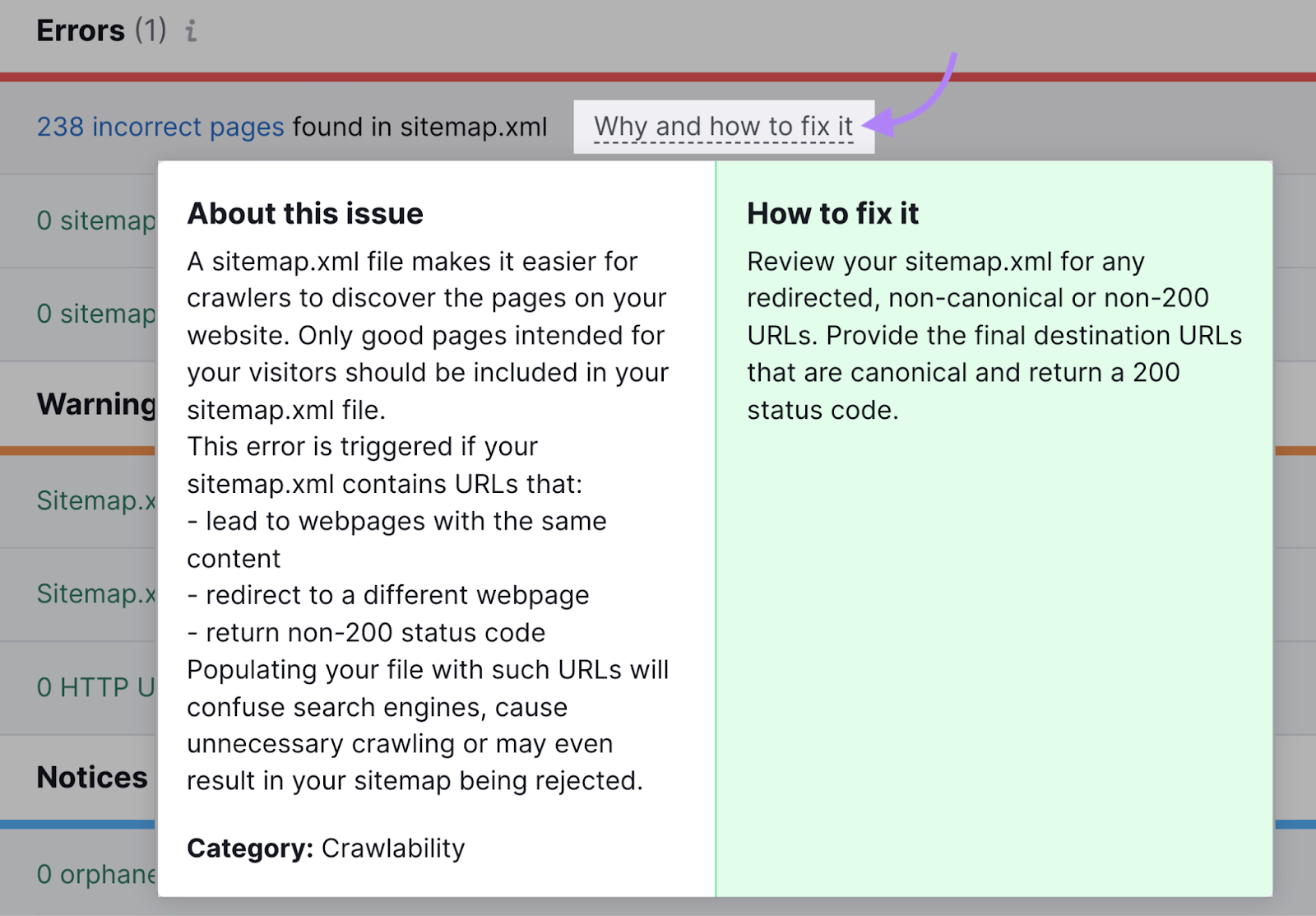 Best Practices for SEO Site Structures 42 "Why and how to fix it" next to "238 incorrect pages found in sitemap.xml" clicked showing tips to fix the issue