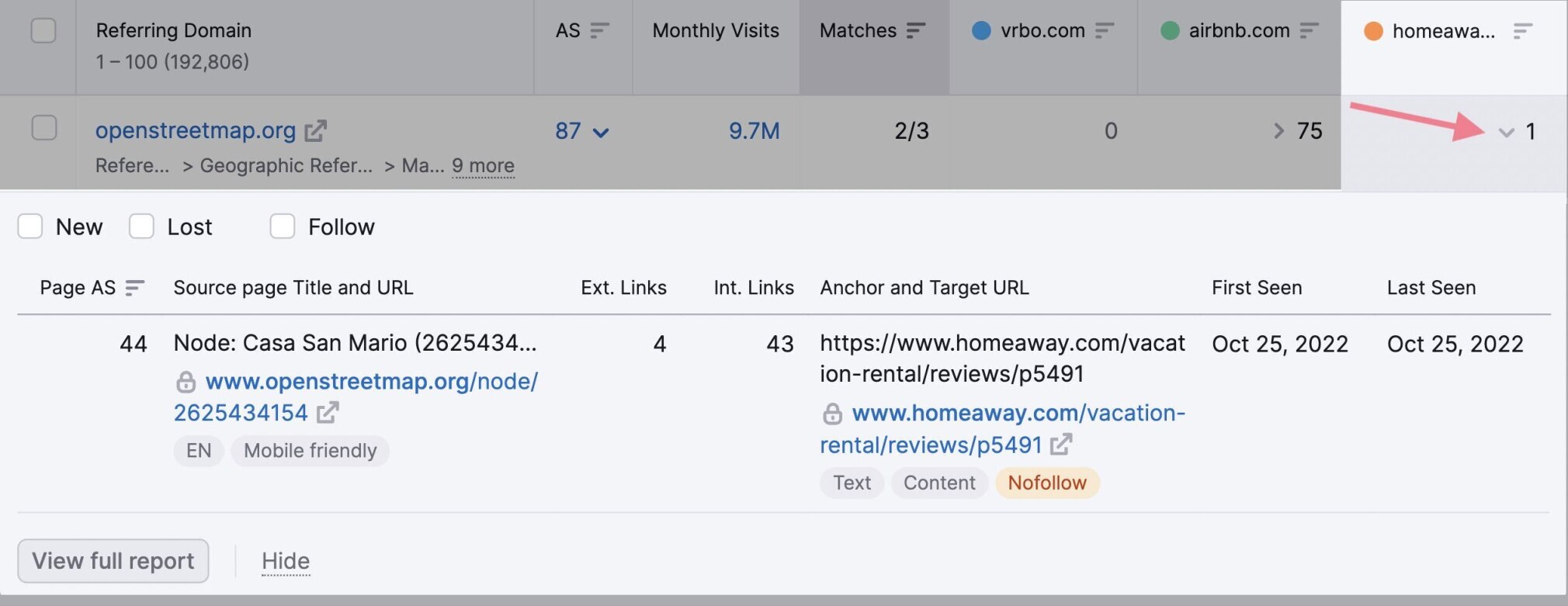 backlink gap competitor drop down