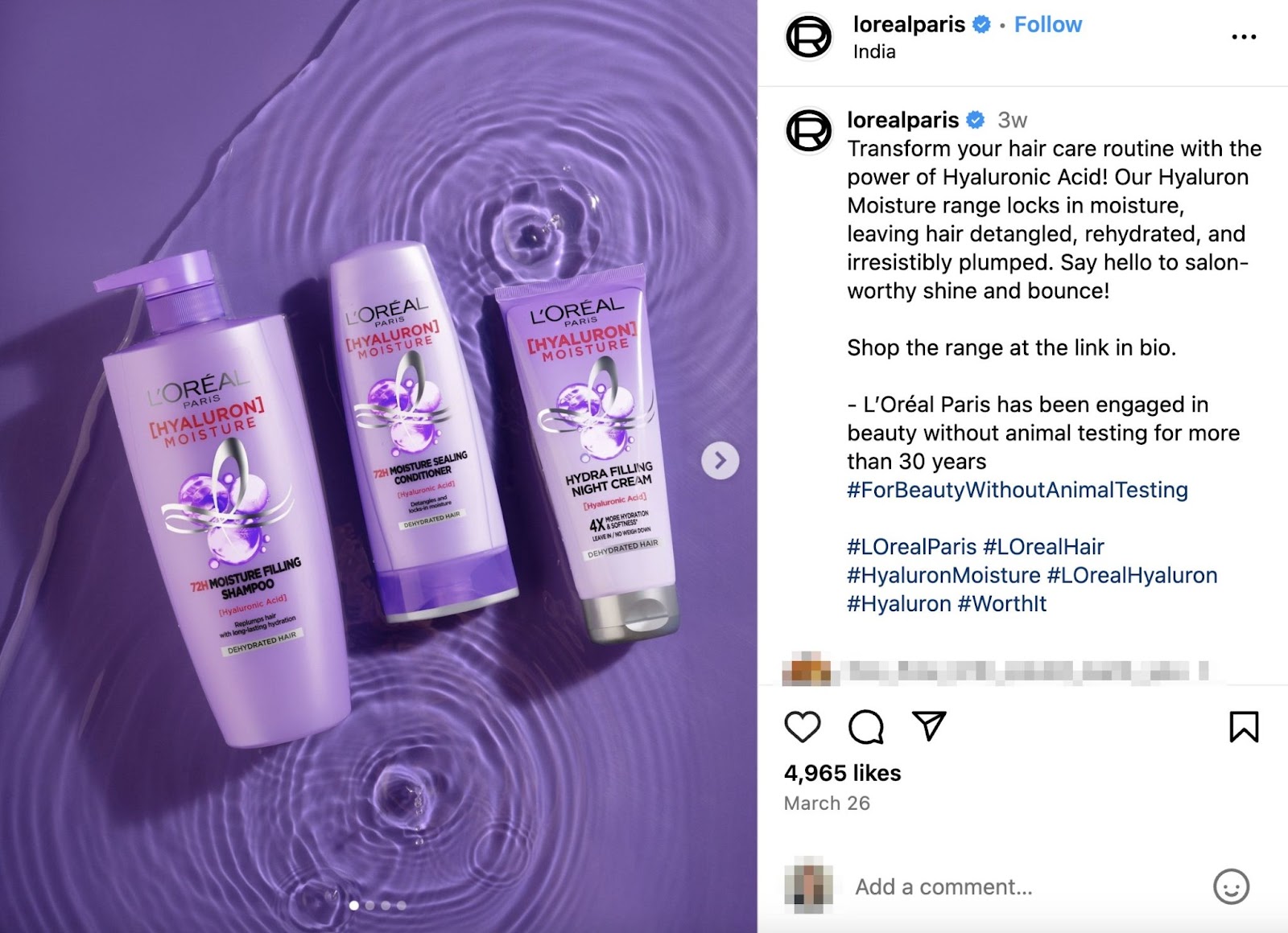 loreal instagram product post for their hyaluronic hair care line