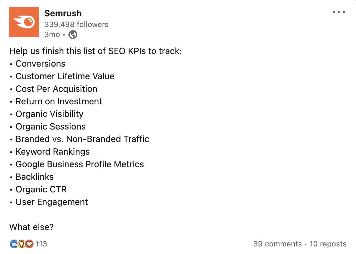 An example of a question-based post from Semrush on LinkedIn