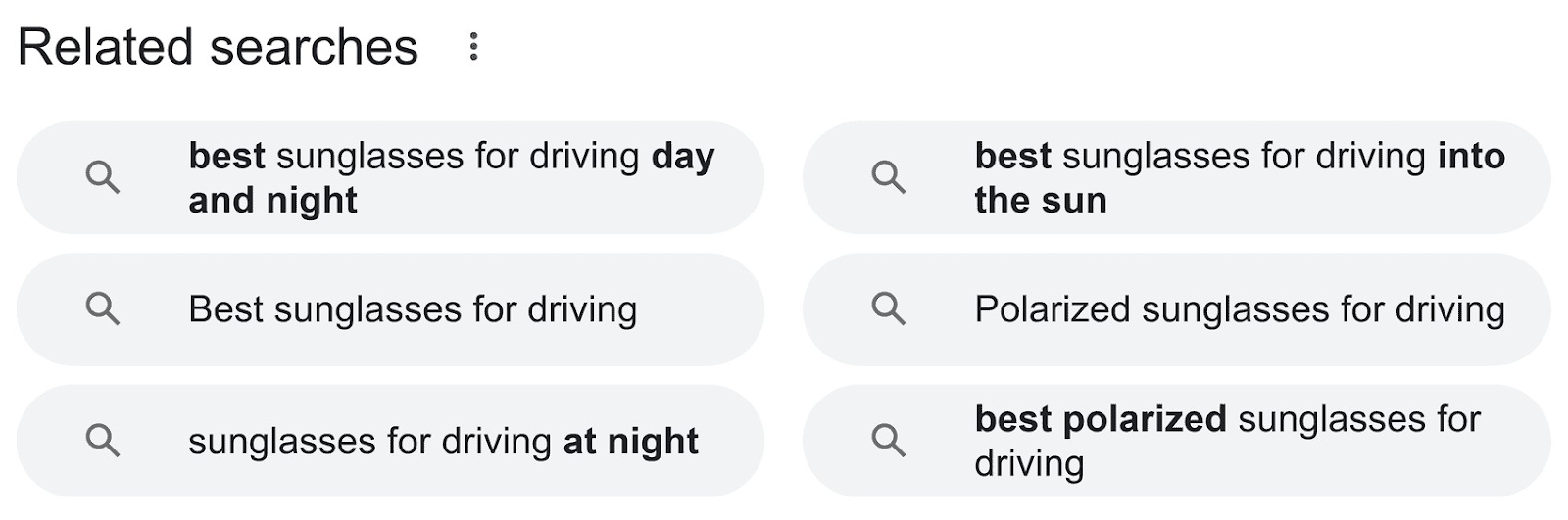 "Related searches" conception  connected  Google SERP for “sunglasses for driving”