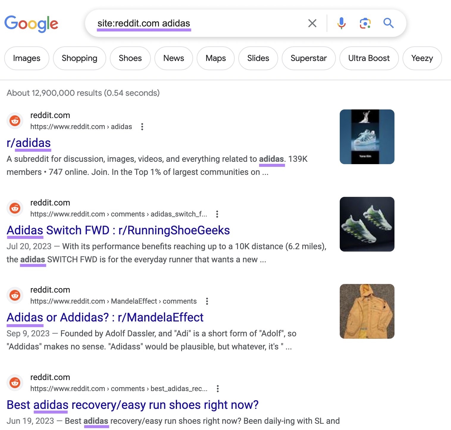 Google's SERP for “site:reddit.com adidas"