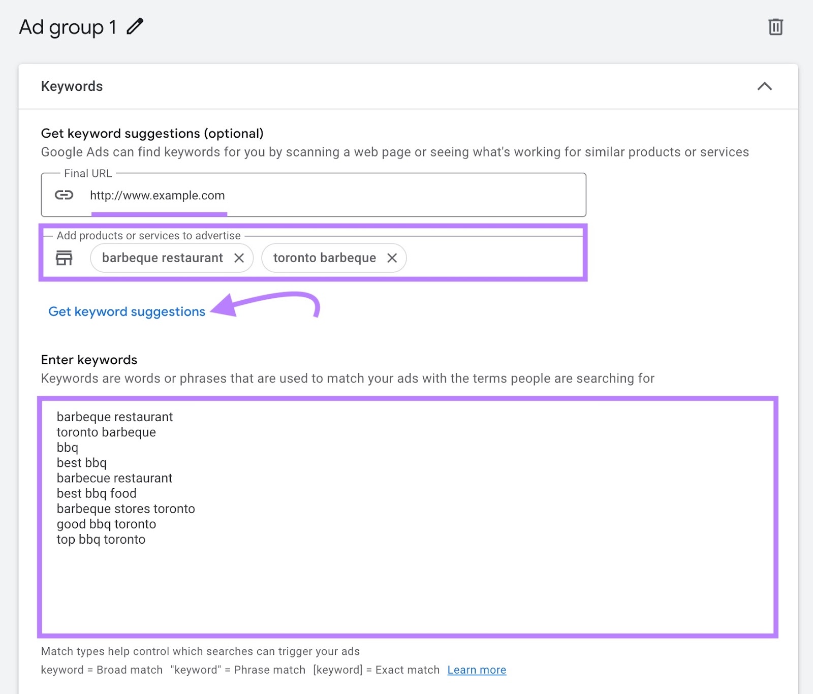Ad group settings page with a URL entered, services to advertise selected, and "Get keyword suggestions" clicked showing a list of suggestions below.