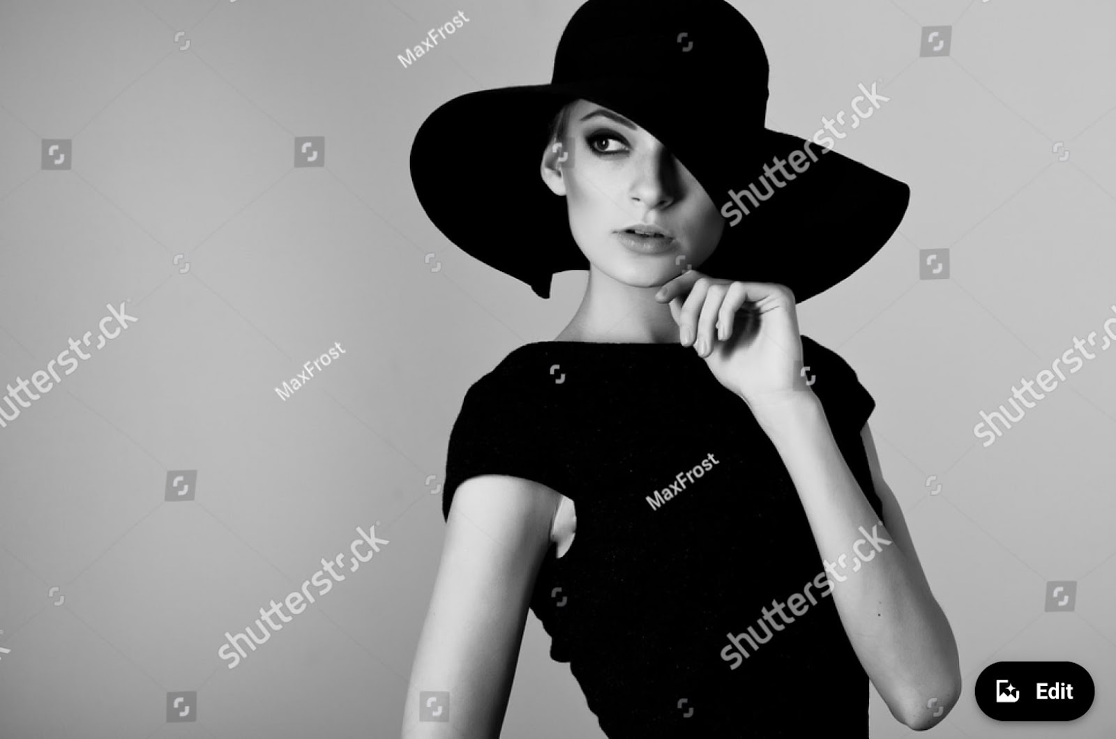“high-fashion portrait of an elegant woman in a black and white hat and dress. Studio shot” image from Shutterstock