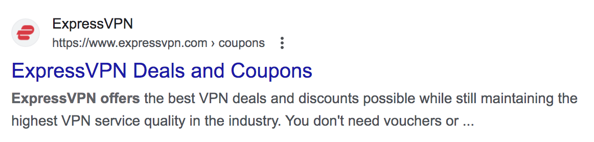 ExpressVPN's Deals and Coupons page on SERP