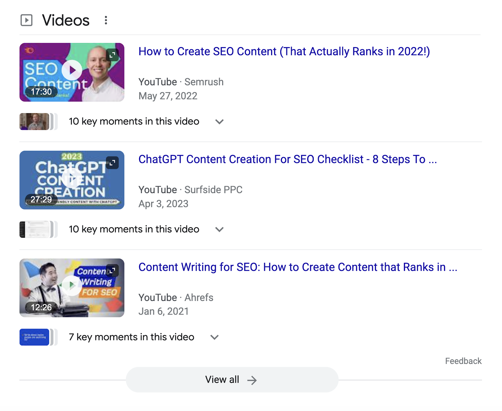 Semrush’s YouTube video ranks for "SEO content"