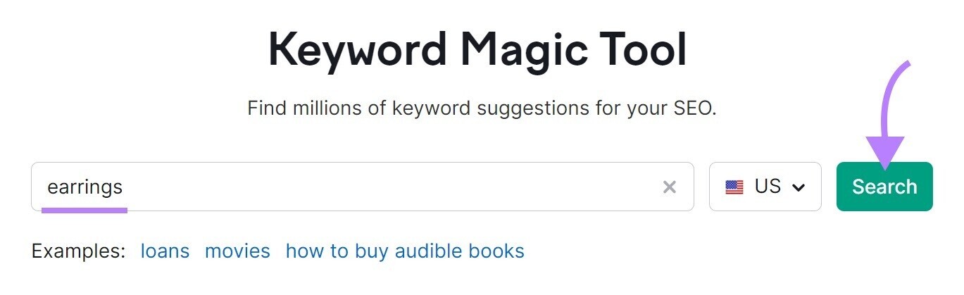 search for "earrings" in Keyword Magic Tool