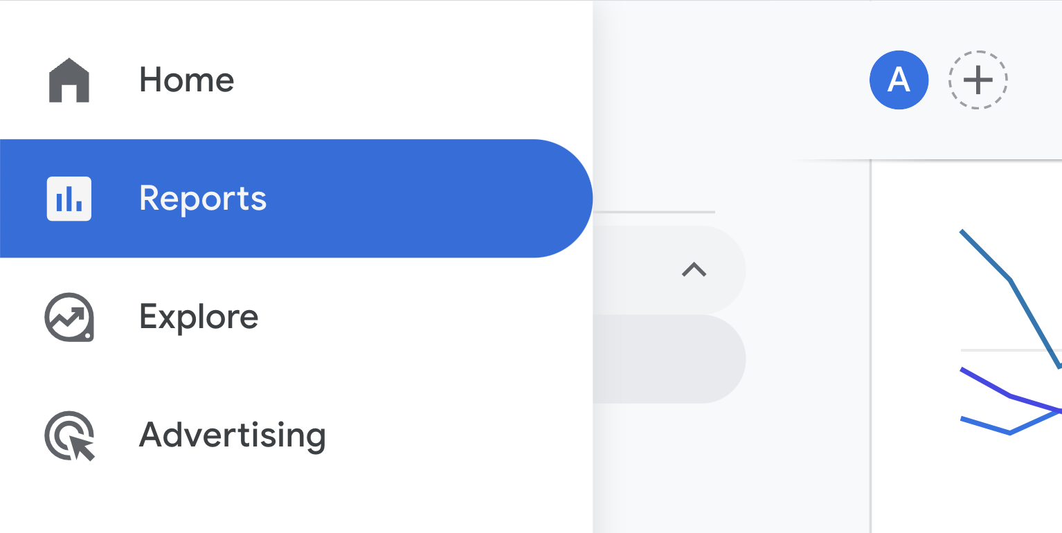 "Rapports" sélectionné dans le menu GA4