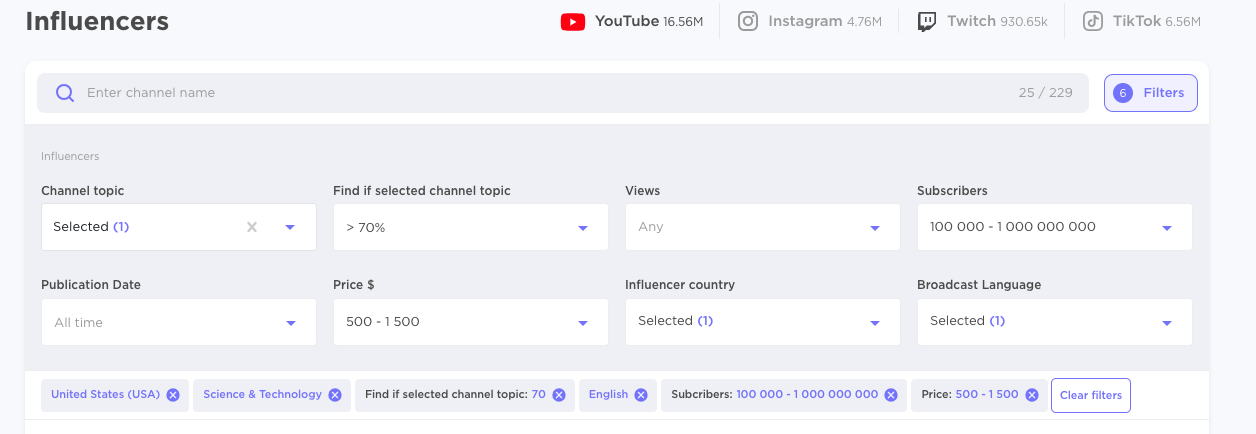 How to use the filters in BuzzGuru Influencer Analytics to find YouTube creators focused on technology