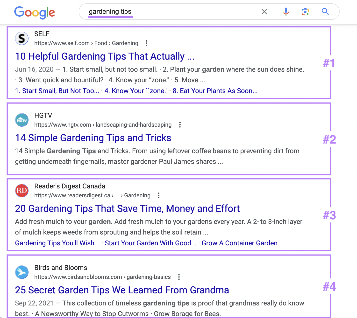 Google SERP for “gardening tips”