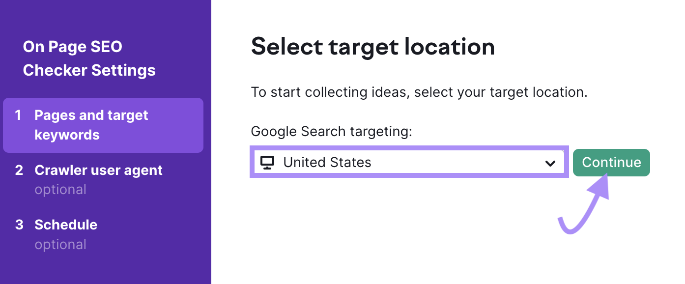 "Select target location" window set to "United States"