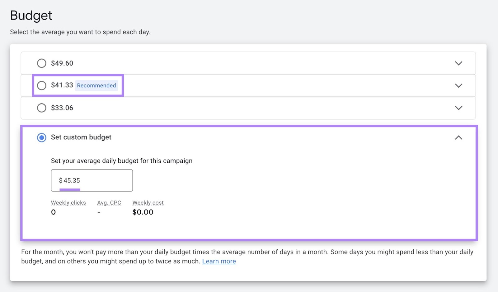 Budget settings on Google Ads with "Set custom budget" drop-down opened and an average daily budget for the campaign entered.