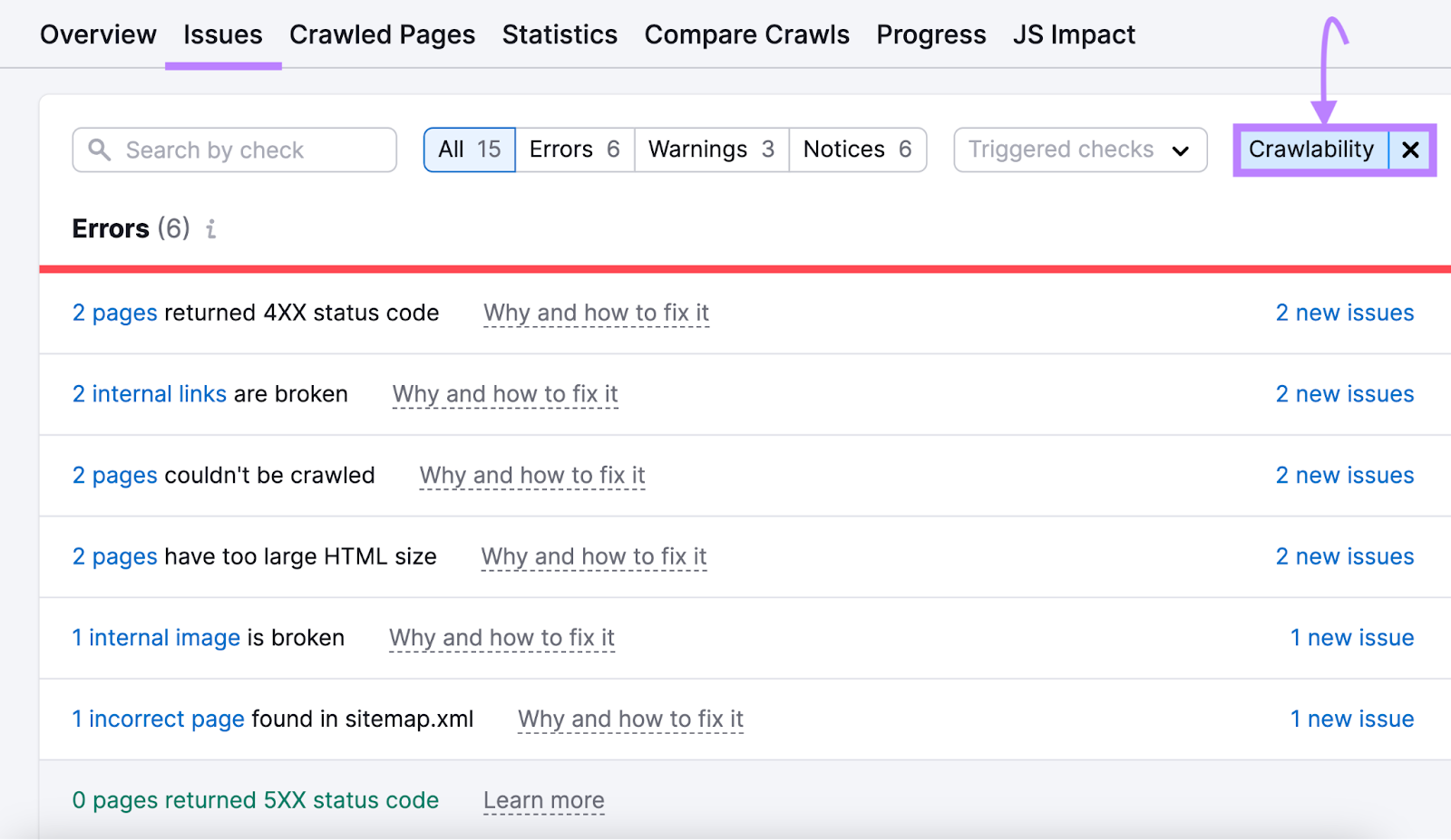 Site Audit's errors database  that impact  crawlability