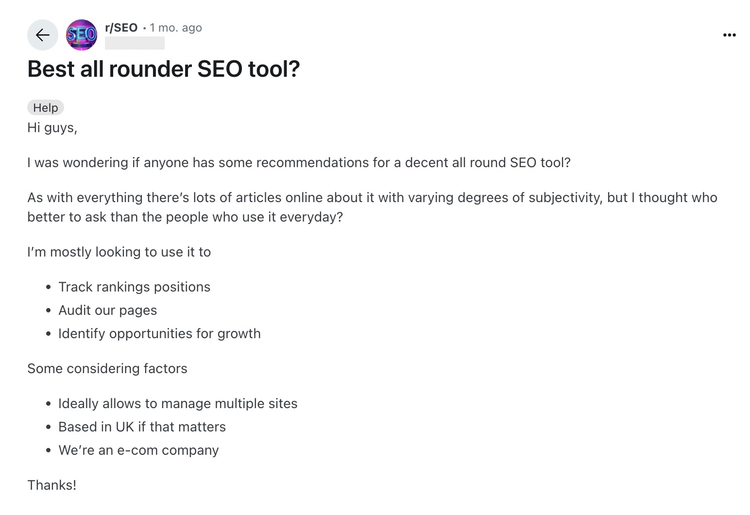 A post on the 'SEO' sub-reddit asking the community for recommendations for an all-round SEO tool.