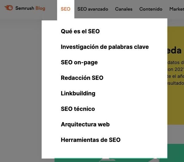 Subcategorías del blog de Semrush