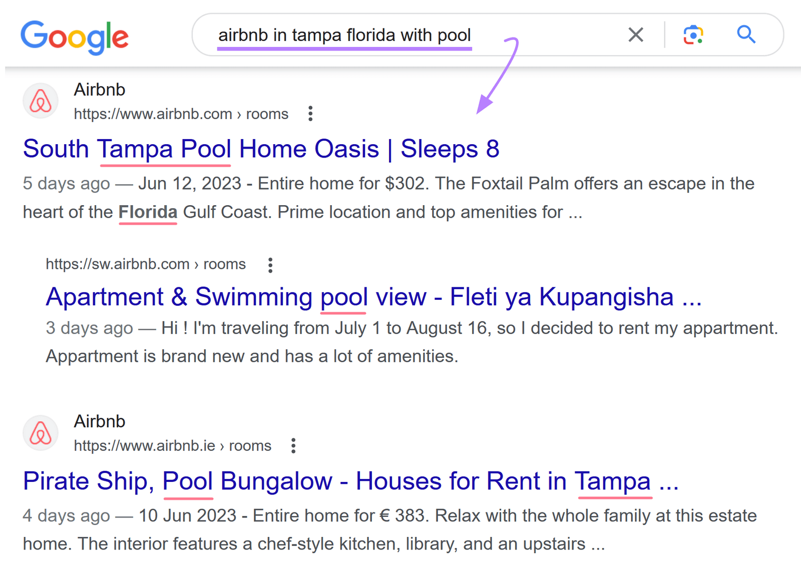 Google search for "airbnb in tampa florida with ****"