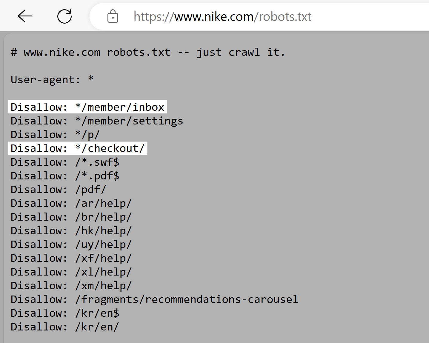 Nike robots.txt file with highlights showing disallowed URL paths.